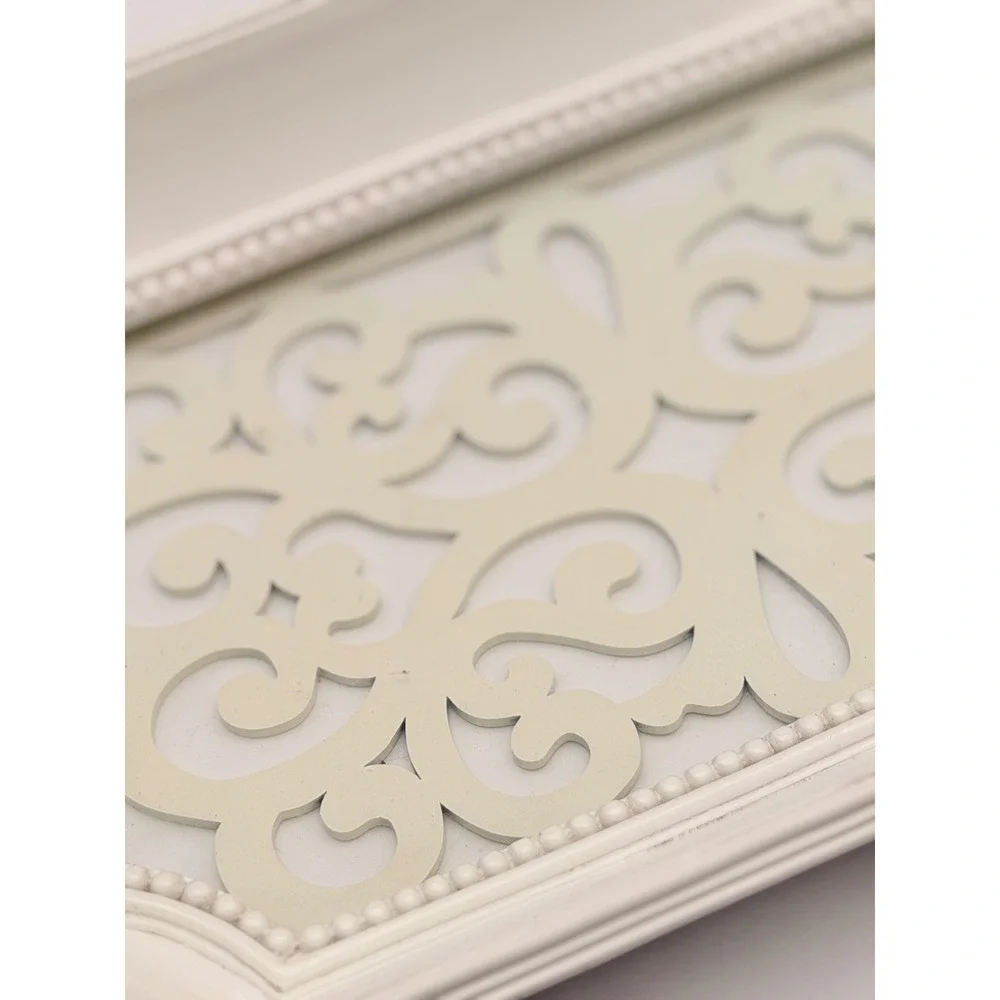 Cream White Metal Scrollwork Mirror Vanity Tray Beaded Edge French Country 15in